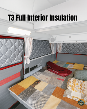 Van interior with T3 full insulation panels and colorful bedding.