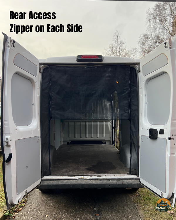 Fiat Ducato with open doors showing rear access zippers on each side.