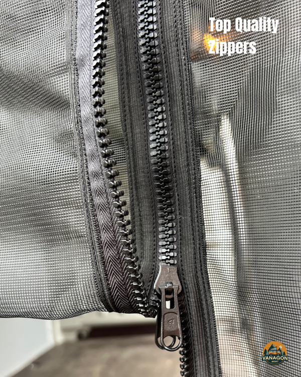 Close-up of a zipper on a mesh bag with 'Top Quality Zippers' text and Vanagon logo.