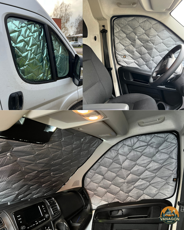 Collage of boxer interior with thermal sunshades blinds on windows.