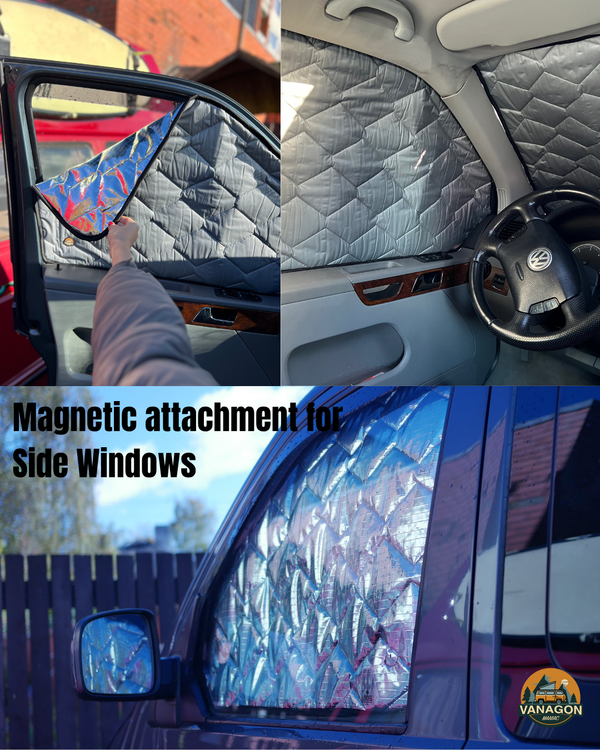 Collage of a magnetic car window shade with text 'Magnetic attachment for Side Windows' and Vanagon logo.