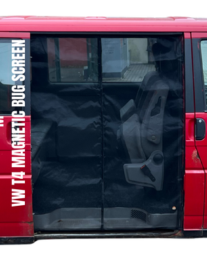 Red vehicle with a black magnetic bug screen on the side, featuring 'VW T4 Magnetic Bug Screen' text.