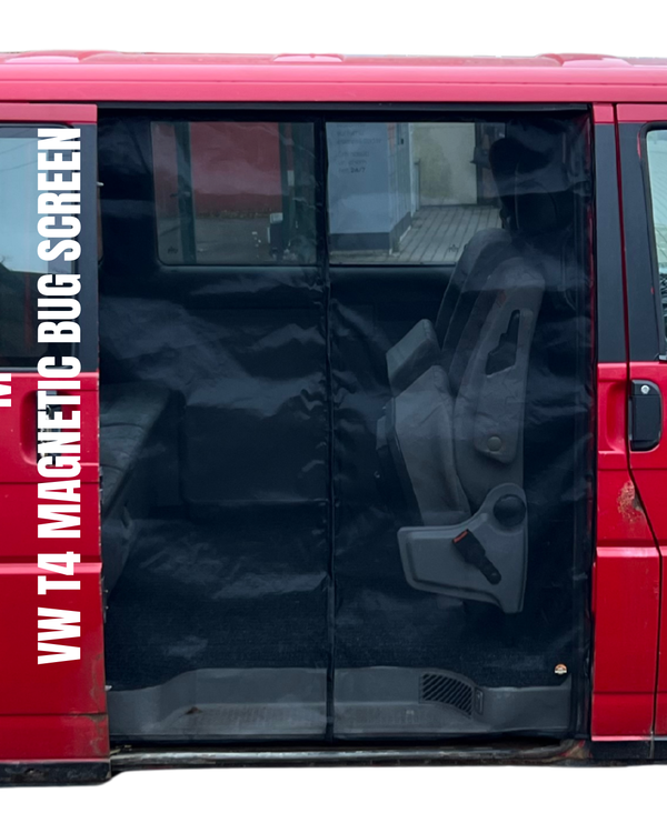 Red vehicle with a black magnetic bug screen on the side, featuring 'VW T4 Magnetic Bug Screen' text.