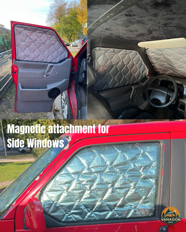 Car interior with quilted door panel, seat cover, and window shade with magnetic attachment feature.