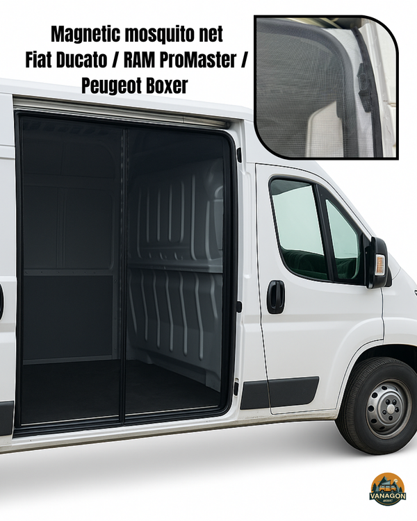 Magnetic mosquito net for Fiat Ducato, RAM ProMaster, and Peugeot Boxer vans.