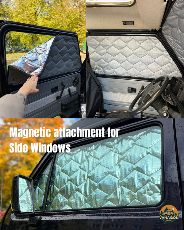 Magnetic attachment for side windows on a vehicle with text overlay.