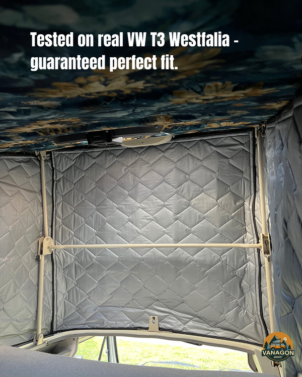 Insulated wall panel with quilted design inside a vehicle, featuring text about a guaranteed perfect fit on a real VW T3 Westfalia.