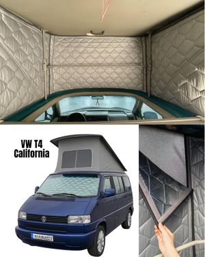 Collage of a VW T4 California camper van with interior and exterior insulation panels views.