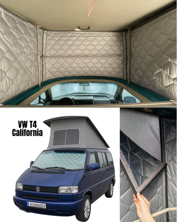 Collage of a VW T4 California camper van with interior and exterior insulation panels views.