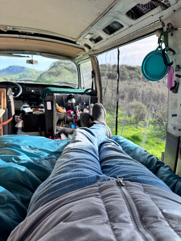 Person inside a vehicle with a scenic view outside wit vanagonmaniac bug screen for slide door vw t2