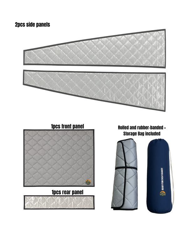 Set of t4 caliornia camper rooftop side panels, front panel, and rear panel with storage bag on a white background