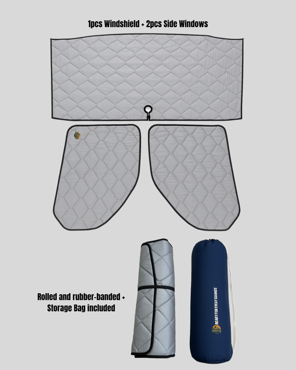 Car sunshade set with windshield and side window covers, rolled mat, and storage bag on a gray background.